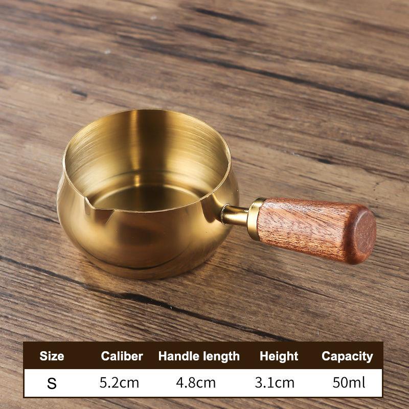 Stainless Steel Single Handle Sauce Cup with Wooden Grip - Gold/Silver Double Color Food-Grade Dipping Bowls for Kitchen Dining