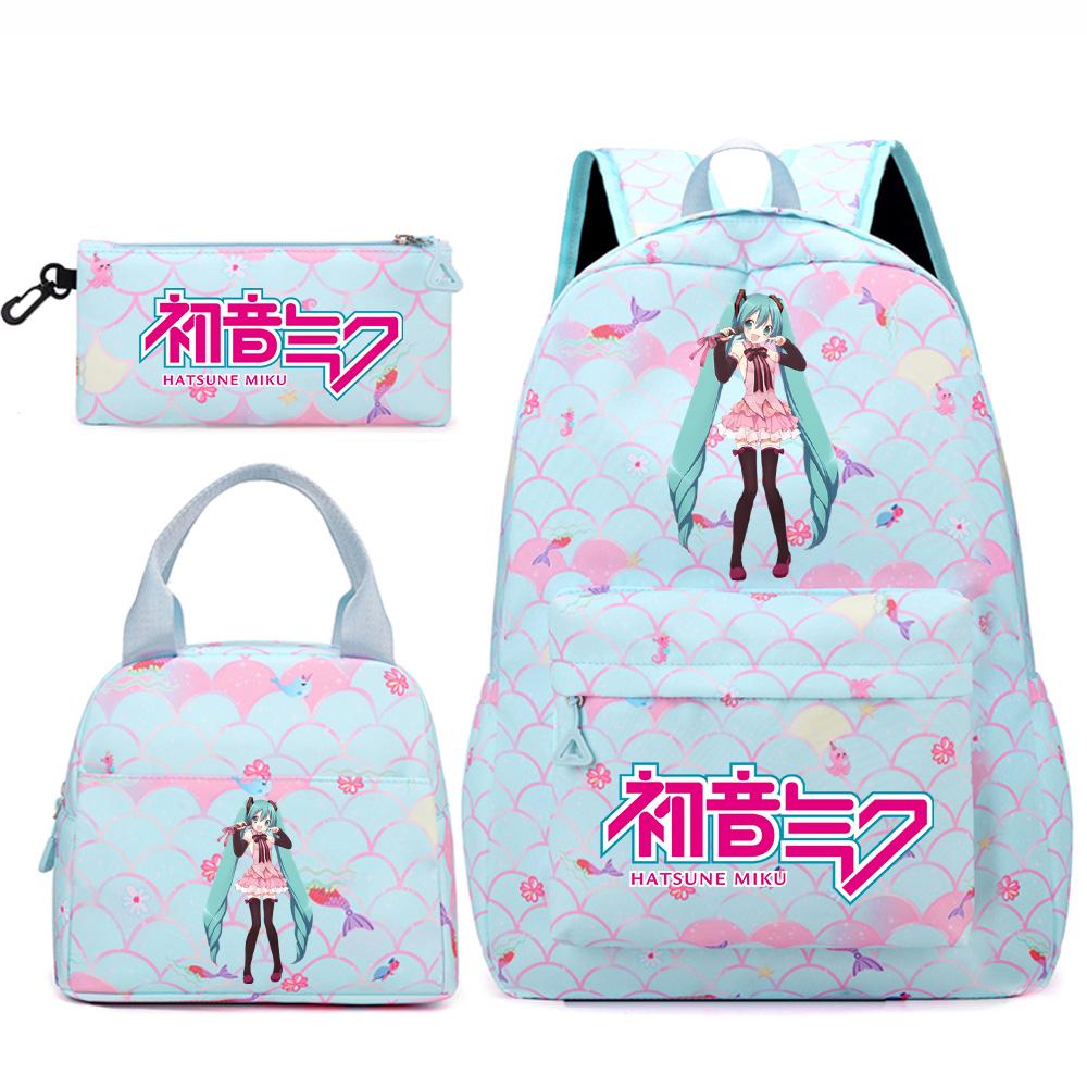 3 Stück/Set Anime Cartoon Hatsune Miku Bedruckter Rucksack Handtasche Federmäppchen für Teenager Schüler Mädchen Jungen Große Kapazität Wasserdicht Schultasche Reisetasche