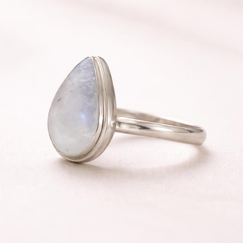 Rainbow Moonstone Pear Statement Ring, 925 Sterling Silver Jewelry, Handmade Blue Flash Gemstone Ring