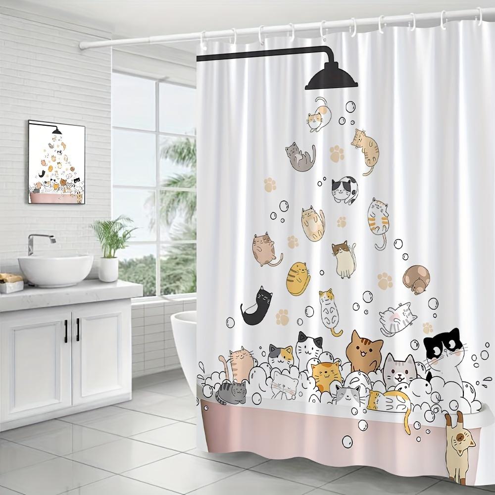1pc Cartoon Cat Shower Curtain - Fun Bathing Cats & Kittens, Polyester, 12 Hooks, Whimsical Bathroom Decor for Cat Lovers