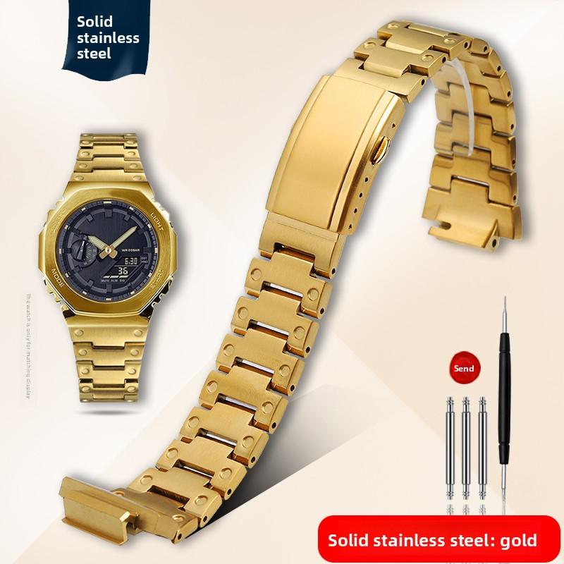 

Ремінець для годинника GM2100 для Casio G-SHOCK 5611 GM-2100 GBM-2100 Модифікований металевий браслет для чоловіків з нержавіючої сталі 16 мм з опуклим кінцем GM2100 GBM2100 золотий