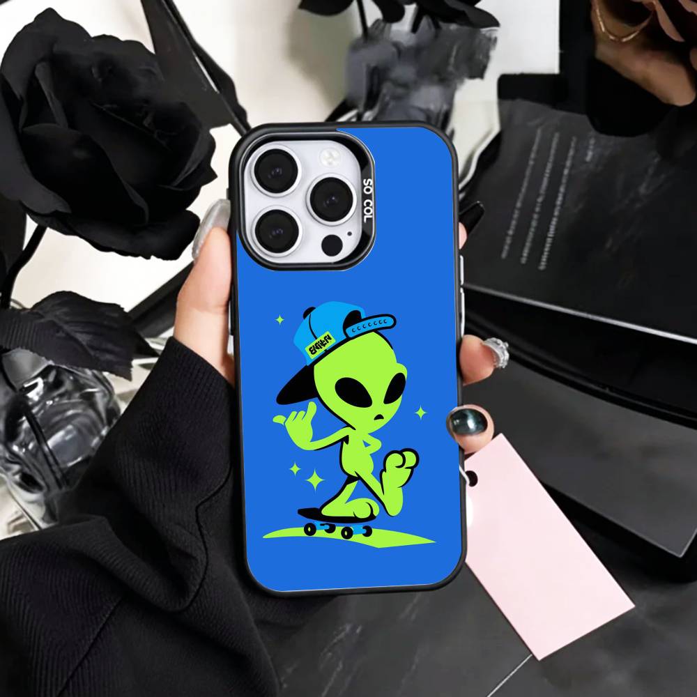 Cool C-Cartoon Alien Space   Phone Case For iPhone17,16,15,14,13,12,11 Plus,Pro Max Colored Silver Plated Inside Cover