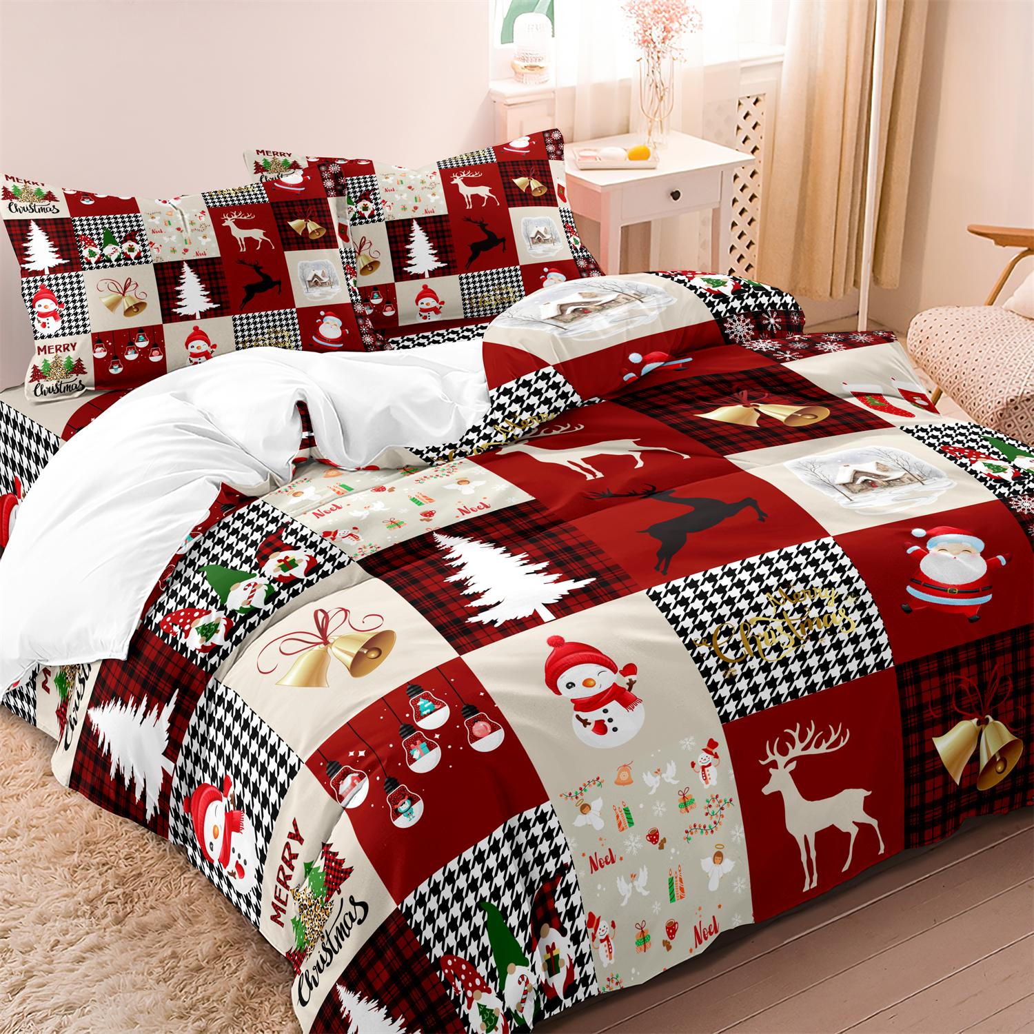 

3pcs Christmas Reindeer & Red Black Plaid Duvet & Houndstooth Patterns - All-Season Bedding For Holiday Decor & Christmas Gift EU Single-135x200cm