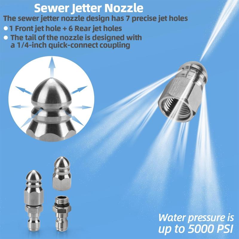 High Pressure Sewer Jetter Nozzle, 5000 PSI Stainless Steel Drain Cleaning Tip with 1/4" Quick Connect for Pressure Washer