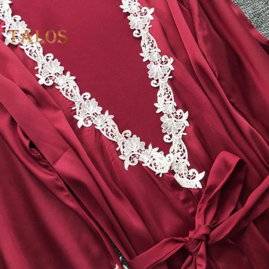 5 Pcs/Set Women Pajamas Suit Nightgown Nightdress Top Shorts Pants Set Silky Satin Lace Patchwork Loose Lace-up Waist Thin Women Homewear Set