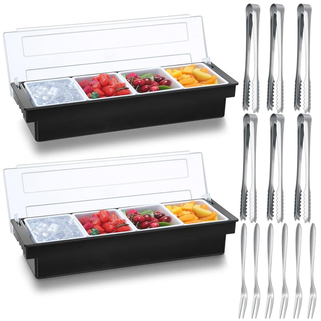 Fruit, Veggie, Condiment Caddy with Lid Dispenser Tray Plastic Garnish Station for Bartending & Serving Taco,Topping Organizer for Restaurant Supplies