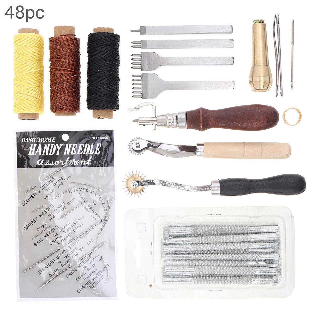 48 Pcs DIY Leather Craft Tool Set, Hand Stitching Punch Carving Tools with Groover for Home Handmade Leather Projects