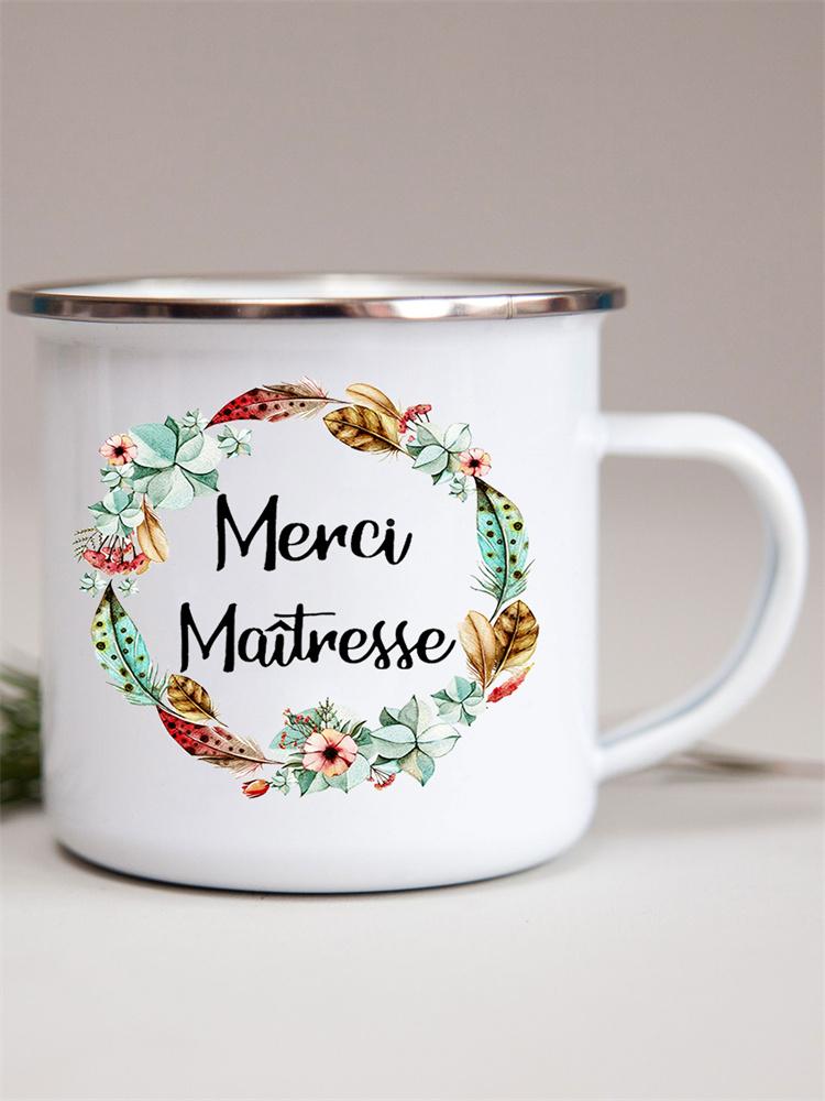 Französische Emailletassen mit Blumendruck Kreative Kaffeetasse Milch Wein Bier Getränk Saftbecher Schule Zuhause Henkel Trinkgeschirr Lehrergeschenke