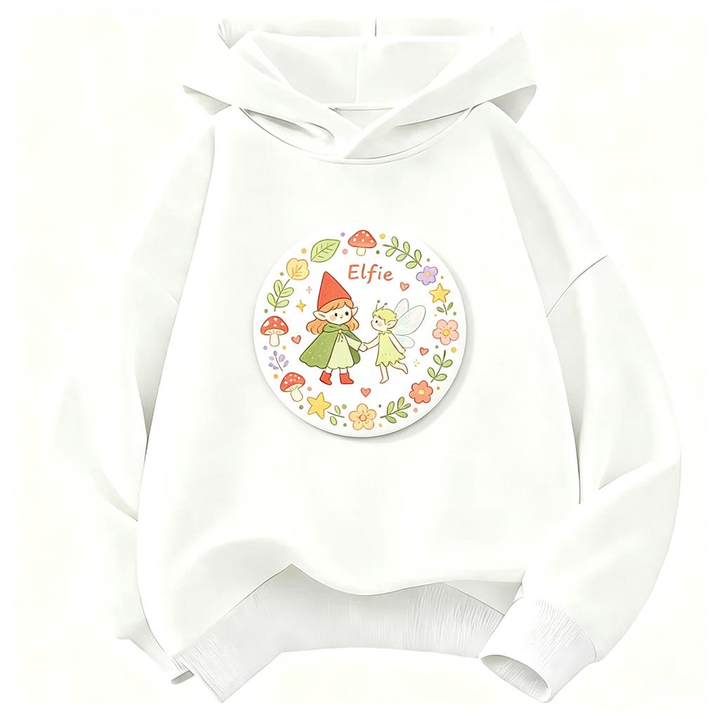 Kids Girls Hoodie Elfie Cartoon Super Elf & Winged Fairy Graphic Sweatshirt Floral Mushroom Circle Print  Casual Pullover Children Autumn Outfit