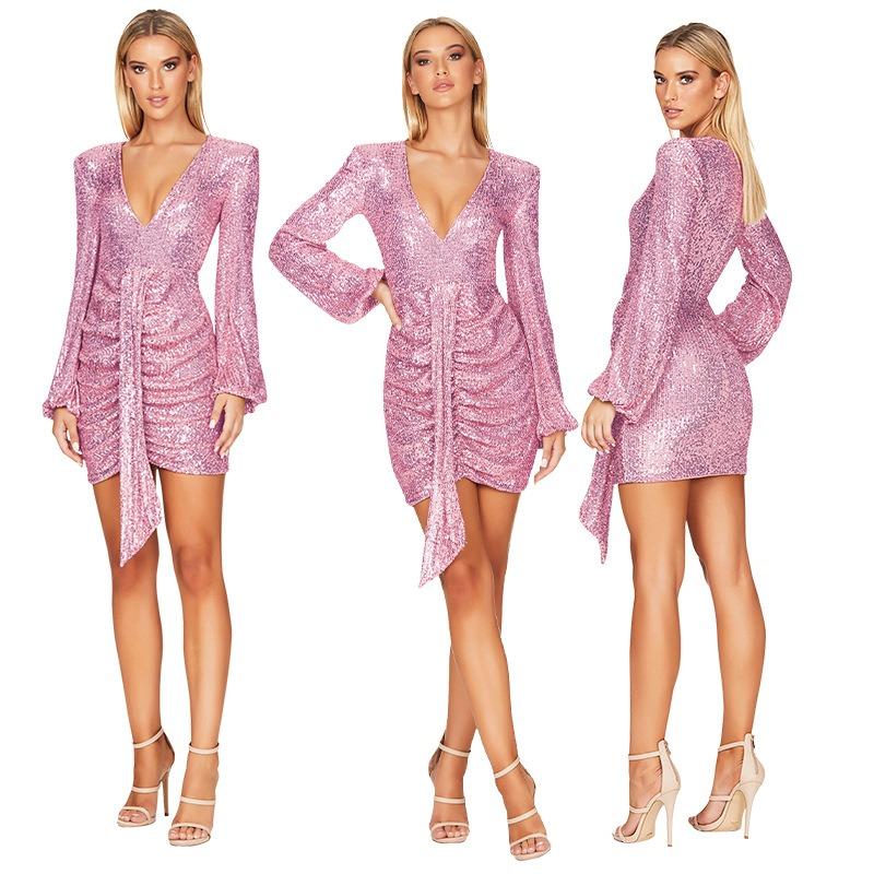 Summer Women's Dress Deep V Pleated Streamer Dress Long Sleeve Sequin Hip Wrap Dress