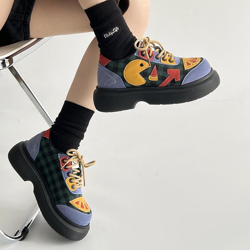 Fashion Women Mixed Color Chunky Heel Ankle Boots Fashion Ladies Walking Sneakers Colorful Expression Patches Soft-soled Platform Shoes