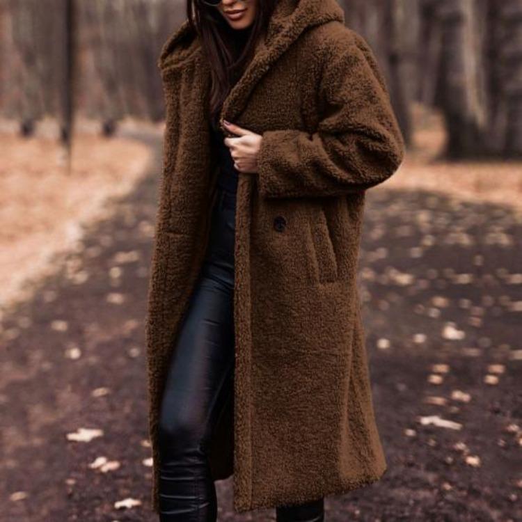 Warm Winter Coat for Women Thick Woolen Mid Calf Overcoat with Hooded Hat Long Sleeve Solid Color Outdoor Lady Jacket