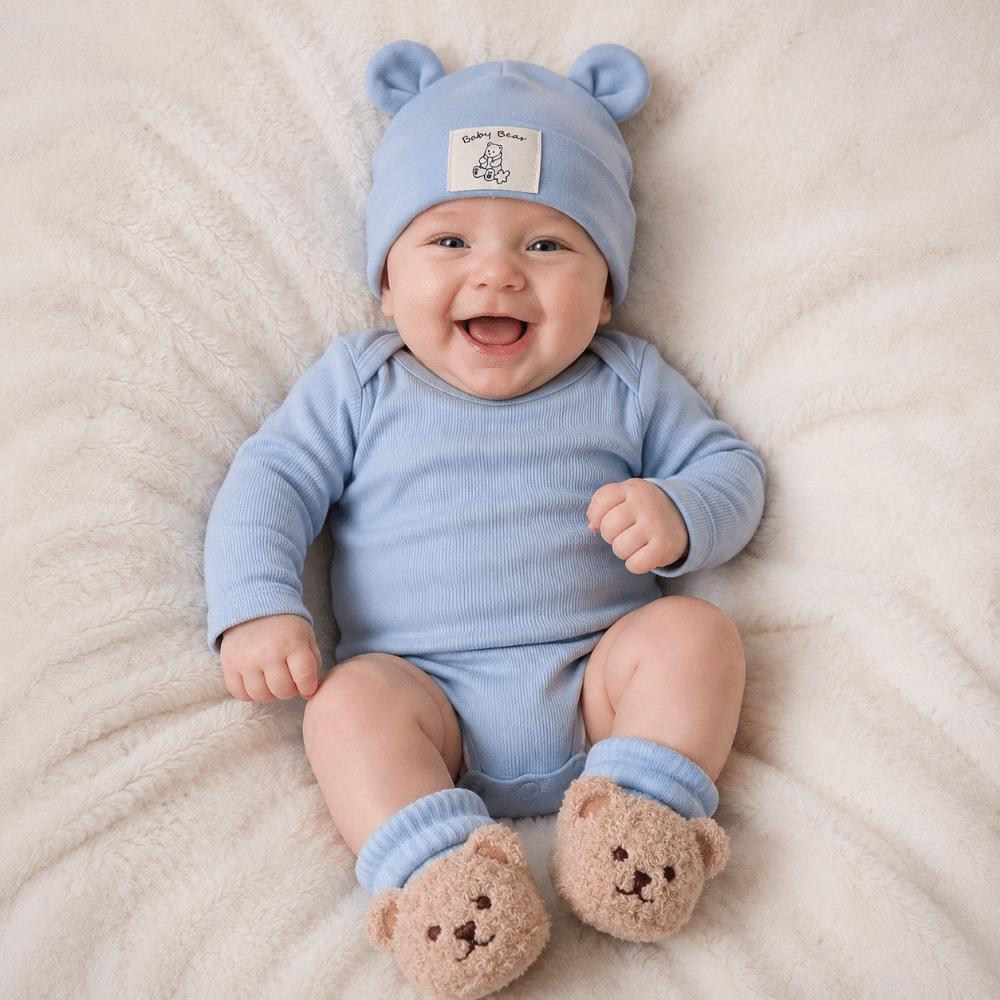 2Pcs/Set Soft Bear Ear Beanie Cotton Baby Turban Socks Cute Baby Hat Socks Set Autumn Winter