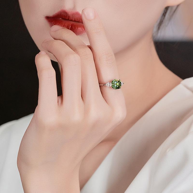 Imitation Natural Green Tourmaline Square Diamond Ring, Temperament Apple Green Daily Beauty Treasure Open Ring