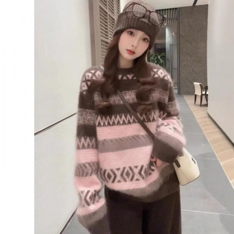 Korean Retro Crew Neck Fair Isle Sweater Women Loose Thick Knit Top Fall Winter