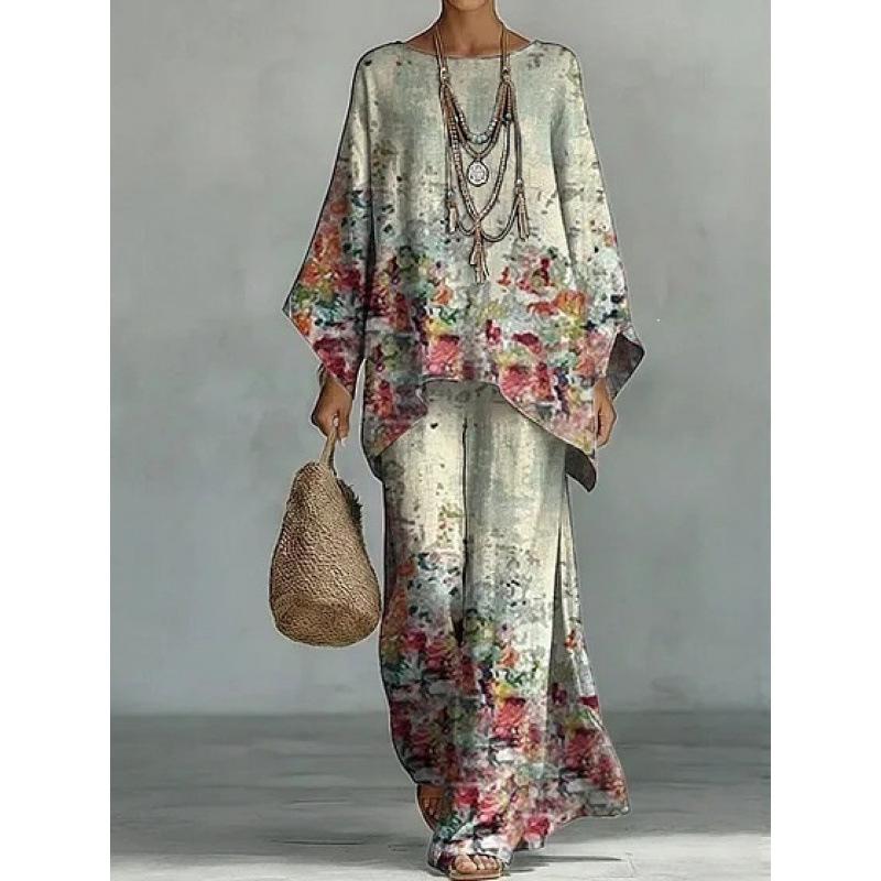 16 European and American women's clothing Y1 large size thin ethnic style dress set Bohemian casual large size jumpsuit