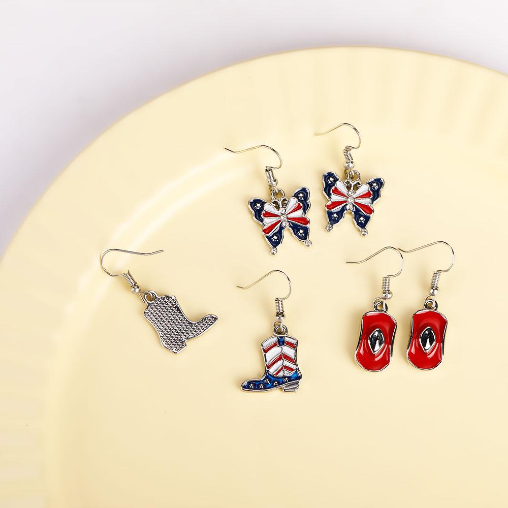 1 Pair American Flag Butterfly Boots Yeah Cowboy Hat Angle Wing Drop Earrings For USA Patriot Party Jewelry Festival Gift