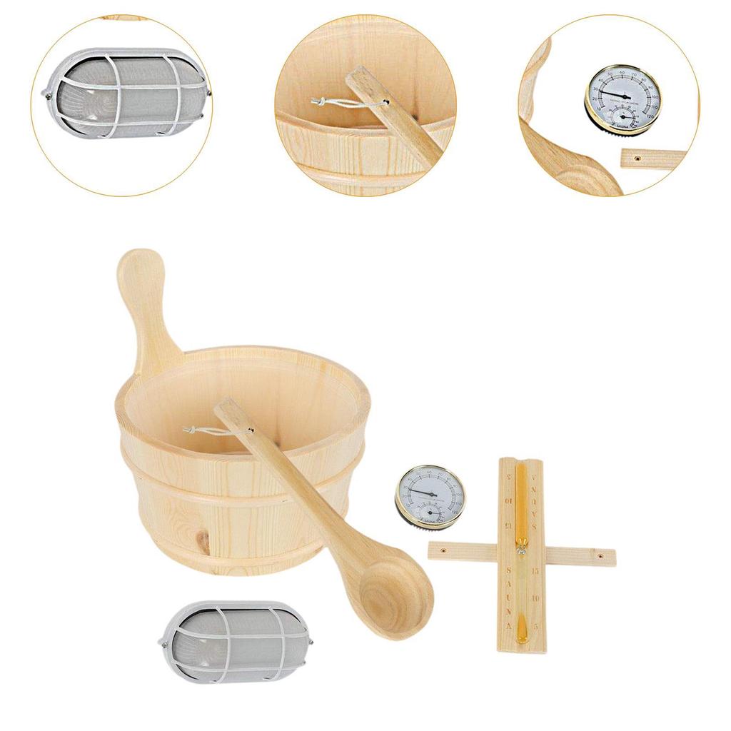 Pacchetto Accessori Sauna Deluxe: Secchio di Legno, Termometro e Collezione di Vasi Floreali per la Casa