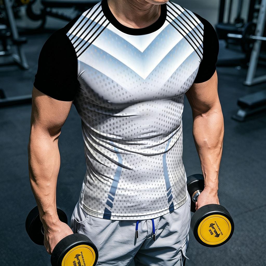 Men's Sublimated Compression T-Shirt, Black Sleeve White Chevron Dot Mesh Geometric Line All Over Print Stretch Quick Dry Soft B