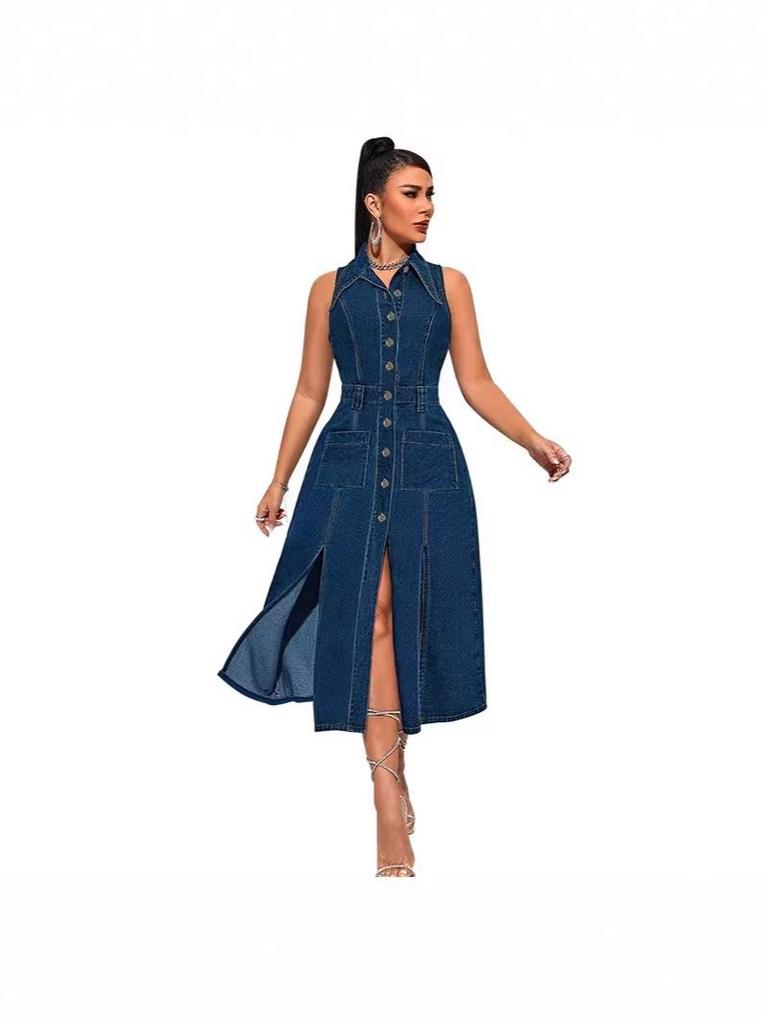 Women's Sleeveless Denim Dress with Split: Fashionable Long Dress
