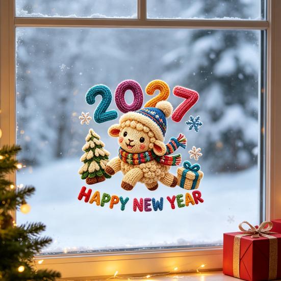 Reusable PVC Window Film Chinese New Year Stickers, 2027 Goat Static Clings, Seasonal Store Decorations Crochet Knit Lamb Decals, Decor for Home Shop