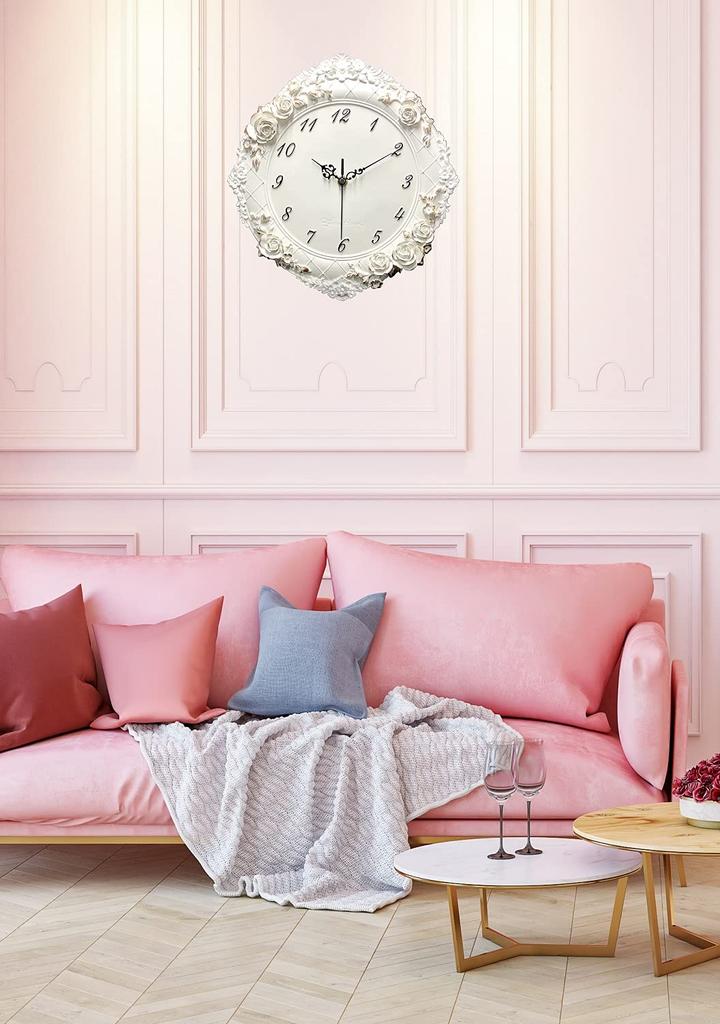 YRO Rose Relief Wall Clock, Elegant, Quiet, 30cm, Suitable for Beauty Salons, Bedrooms, White, Princess Style, Cute (Type B)