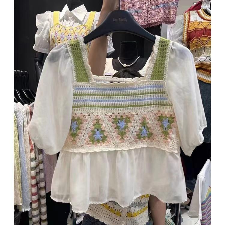 Chiffon Splicing Female Summer Unique Chic Design Sense Crochet Hollow Square Neck Blouse Casual Essential Comfort and Style Slim Fit Pullovers Tees