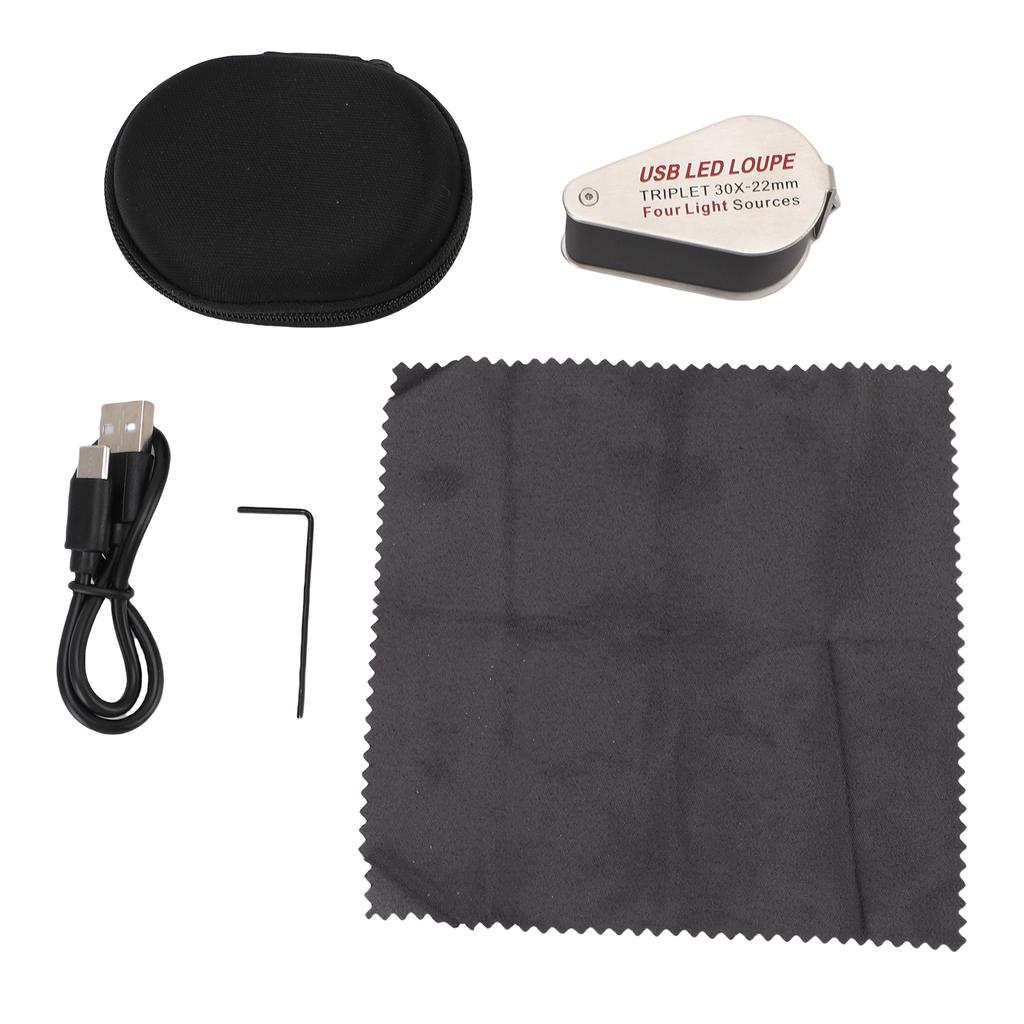 Rechargeable Jewelers Loupe Silver Color 30X Magnification 4 Light Source Mode 13 LED Lamps K9