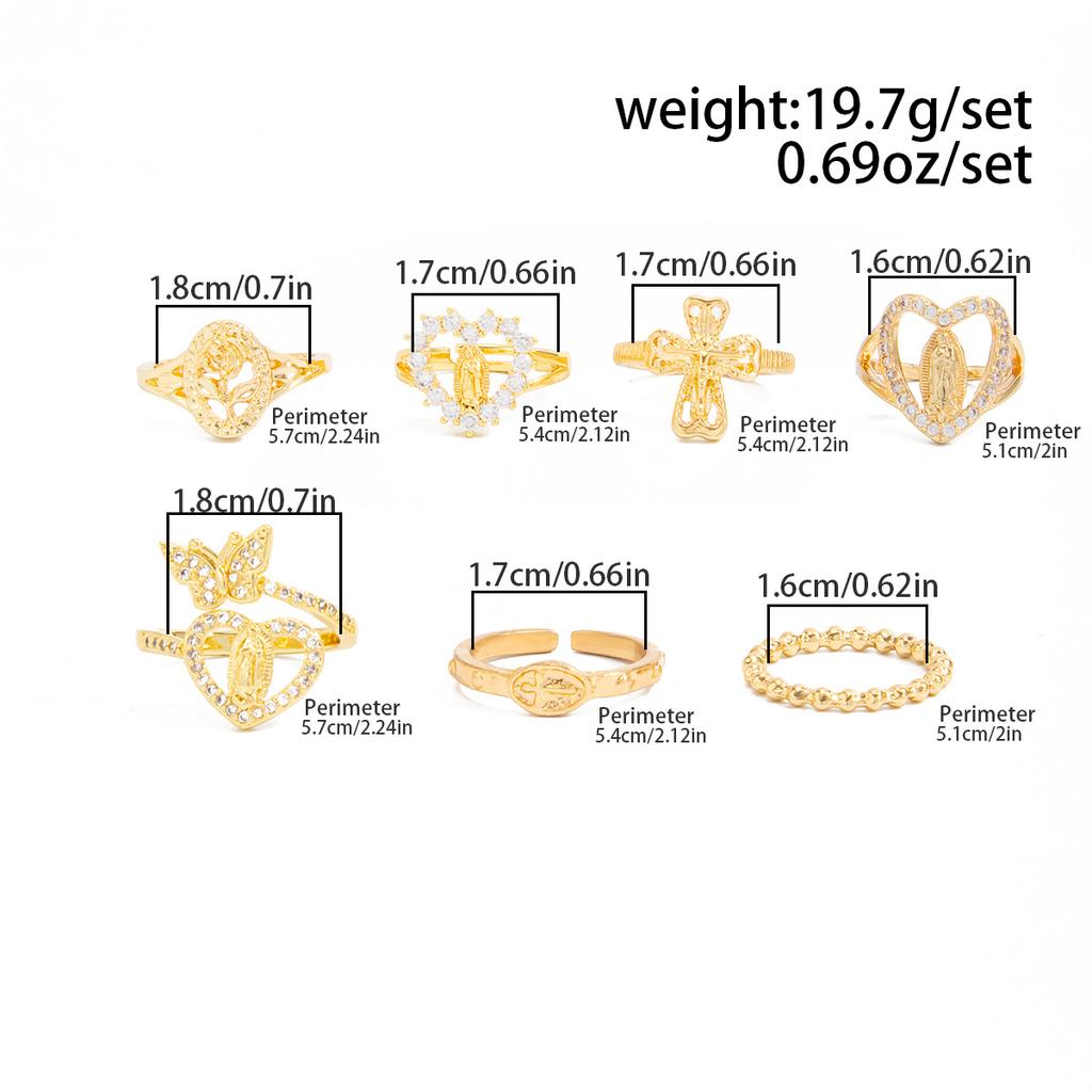 Vintage Gold Color 7 Pcs Stackable Ring Set for Women Elegant Virgin Mary Cross Heart Crystal Religious Fashion Jewelry Gifts