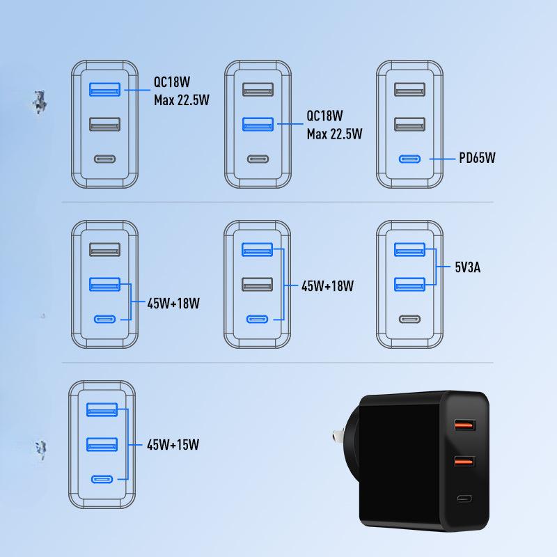 

Австралійський стандарт 65W Галієвий нітрид 1C2A Мультипротокольний PPS Зарядний пристрій PD45W+18W Подвійний A Багатопортовий Незалежний Інтелектуальний Зарядний пристрій