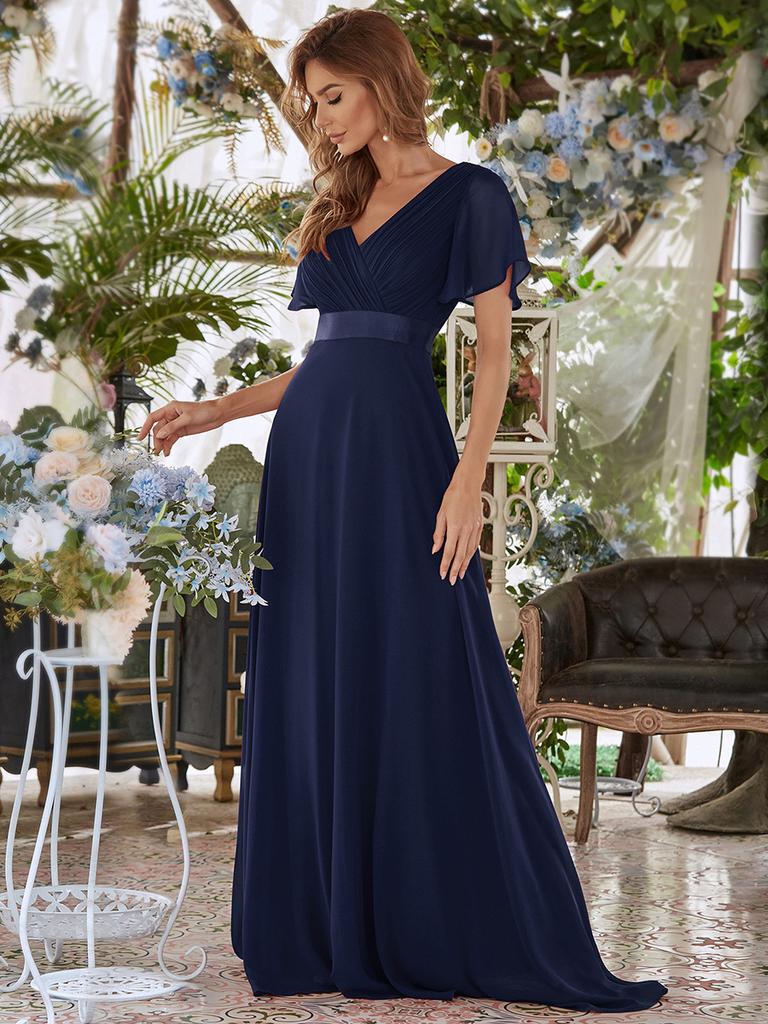 Robe Demoiselle D'Honneur Midi Asymétrique Col V Manches Longues | La Demoiselle d'Honneur