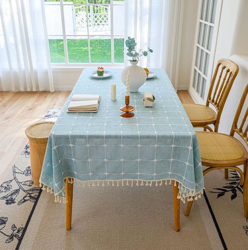 Baumwolle Leinen Quadratische Stickerei Quaste Tischdecke Staubdicht Kariert Tischdecke Für Weihnachten Küche Esszimmer Tischplatte Deko