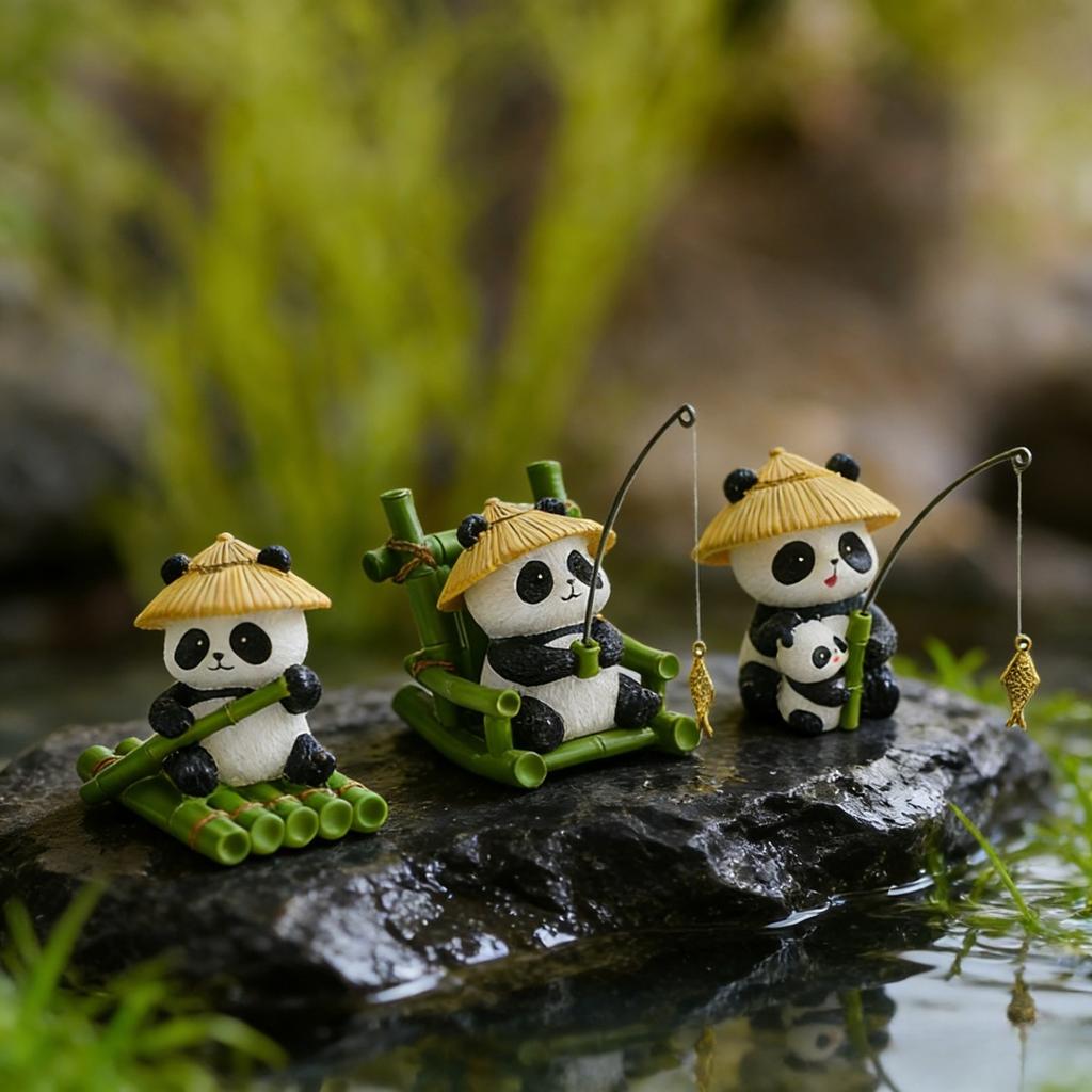Resin Fishing Panda Outdoor Statues Bamboo Hat Adorable Animal Bonsai Pond Aquarium Tabletop Home Room Bedroom Decor Gift
