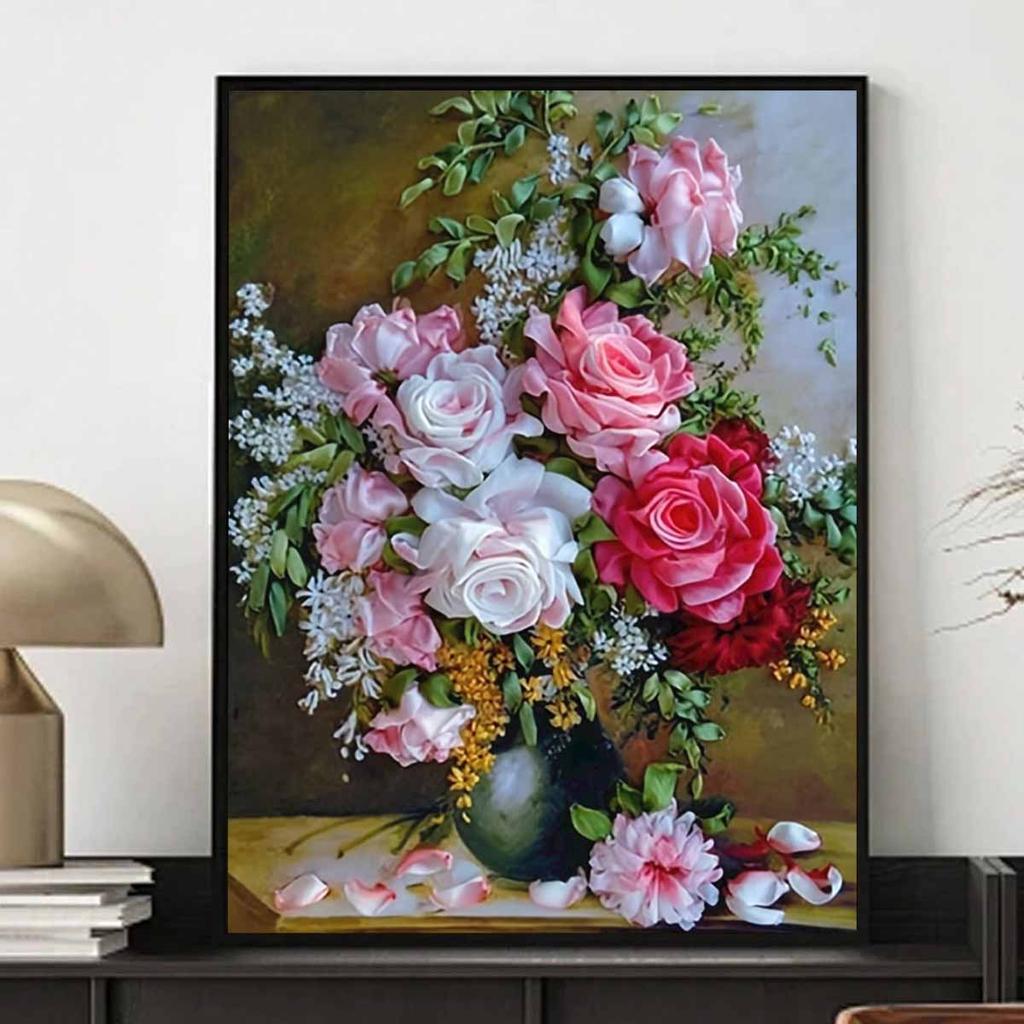 Oil Painting Style Flower Diamond Art Set, 5D DIY Full Diamond Cross Stitch Crafts and Crafts Decorative Wall Mural Ornaments