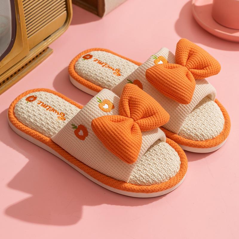 Damskie Urocze Bawełniane Kapcie z Kreskówkową Kokardką - Letnie Wewnętrzne Antypoślizgowe Baleriny