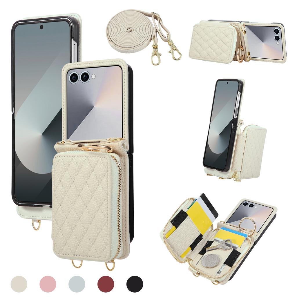 Crossbody Zipper Cards Solt Wallet Leather Ring Holder Case For Samsung Galaxy Z Flip 7 6 5 4 3 7FE Long Lanyard Bag Grid Cover