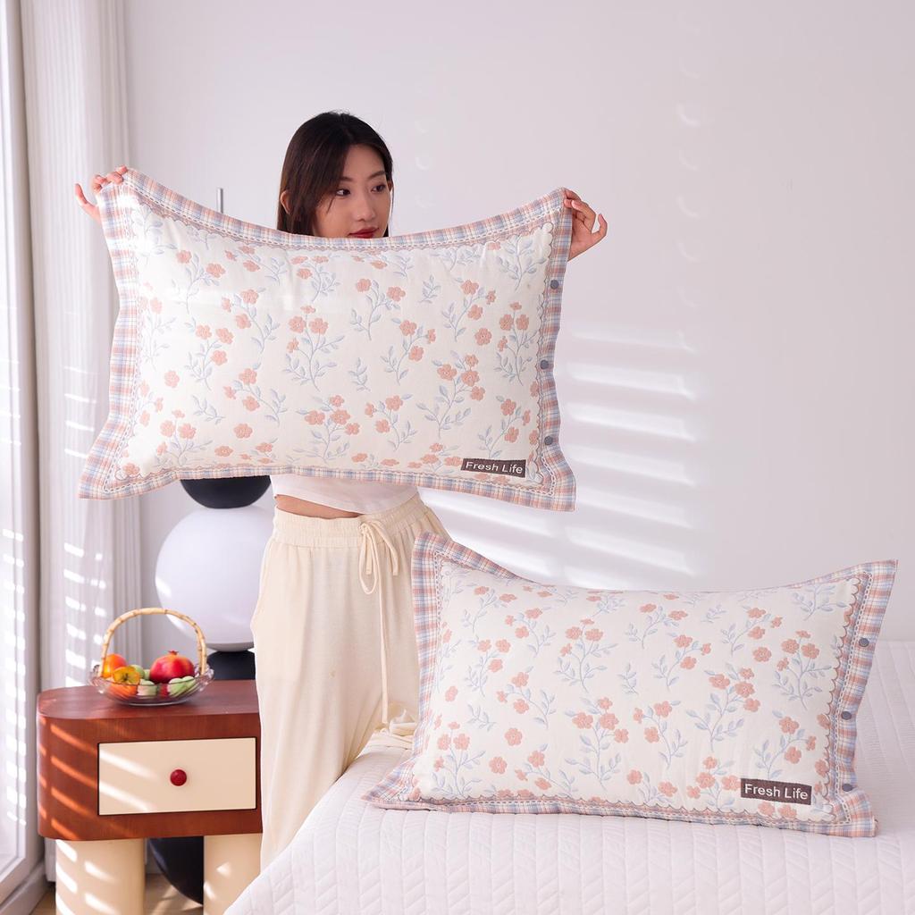 High-Density Cotton Gauze Snap Pillowcase Set - Cartoon Design, Year-Round Use, Non-Slip, Set of 2
