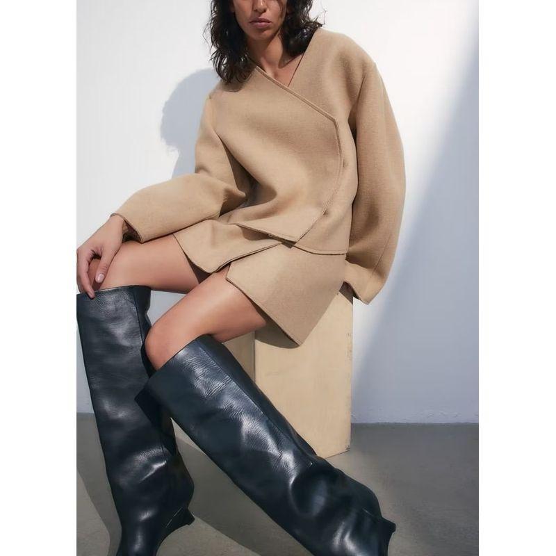 Spring New Leisure Suit European and American Beauty Bloggers Ins Woolen Outwear Female High Waist Asymmetric A- Line Skirt