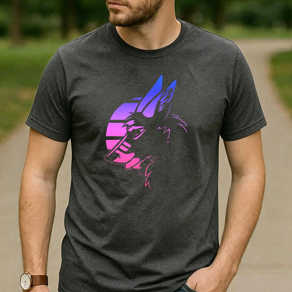 Vaporwave Gradient Wolf Head Sunset Circle Graphic T Shirt Unisex Crew Neck Short Sleeve Wildlife Fan Holiday Gift Top