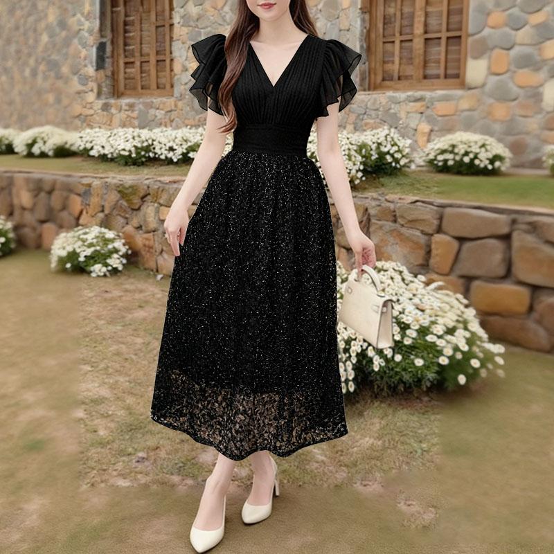 

ZANZEA Женское повседневное кружевное платье с V-образным вырезом, рюшами и коротким рукавом, элегантное 2XL чёрный