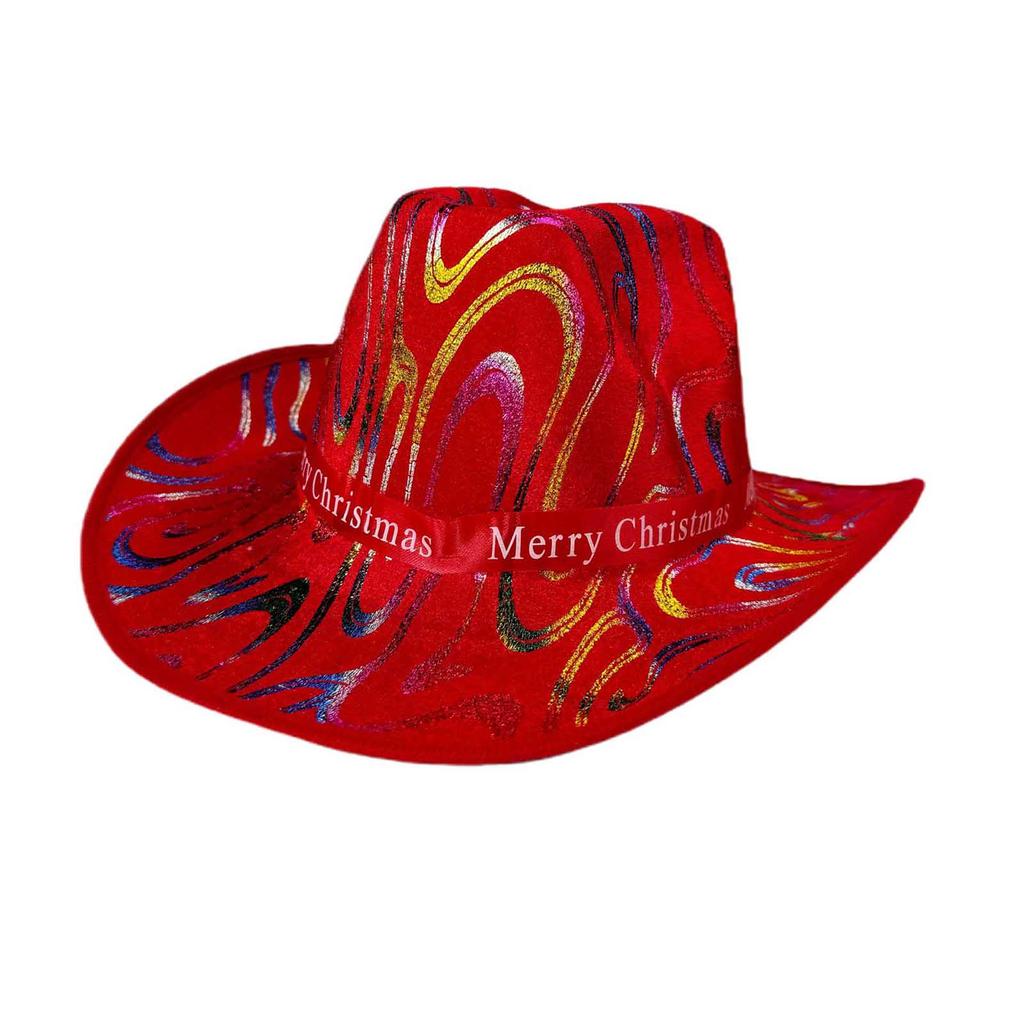 Christmas Red Fashion Cowboy Hat Adult Christmas Glitter Printed Jazz Hat Holiday Role Playing Costume Party Supplies