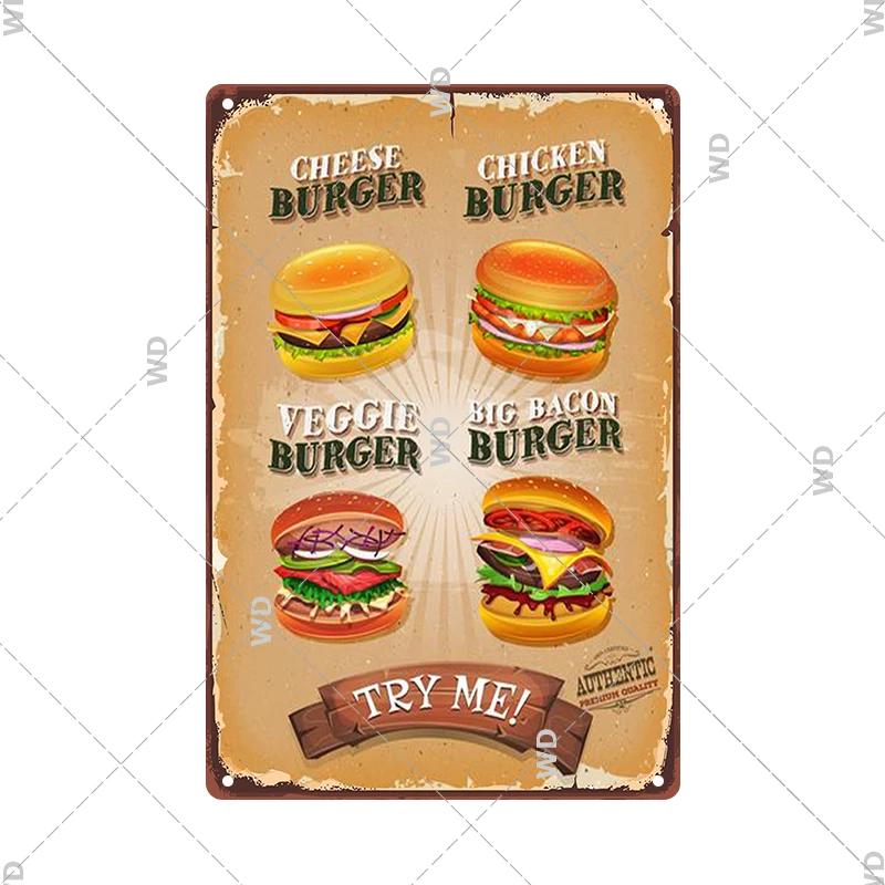 Panneau en étain pour hamburgers, frites, HotDogs, FastFood, Plaque métallique rétro Vintage, affiche en métal, Pizza BBQ pour décoration murale de cuisine