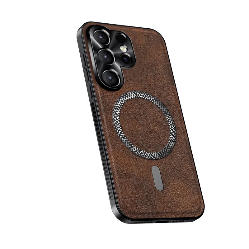 Samsung S26 Ultra Magnetische Metall-Linsenhülle mit Lederstruktur, Sturzsichere S25 Ultra A57 Schutzhülle