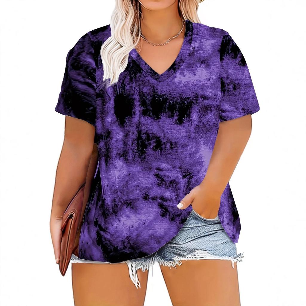 Plus Size Tie-Dye V-Neck Top for Women - Purple, Red, Gray