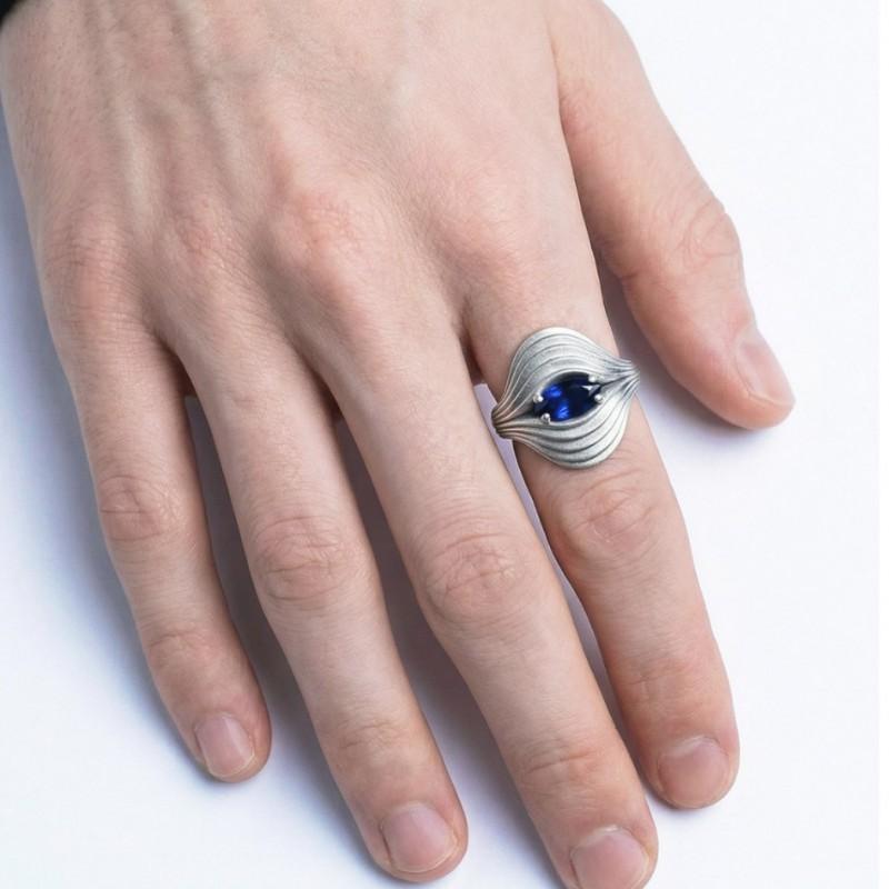 Adjustable Open Ring With Nebula Eye Motif Blue Zircon Geometric Wave Unisex Vintage Statement