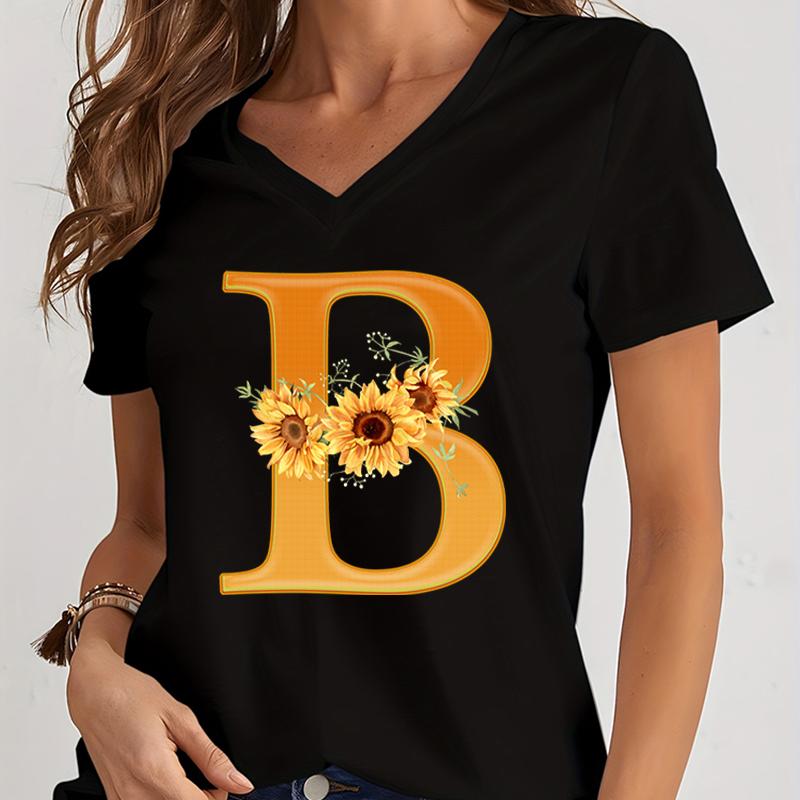 Women’s V-neck Graphic Shirts Orange A-Z Alphabet Sunflowers Short Sleeves Harajuku Fashion Girl Casual Y2k Trend Tshirts Top