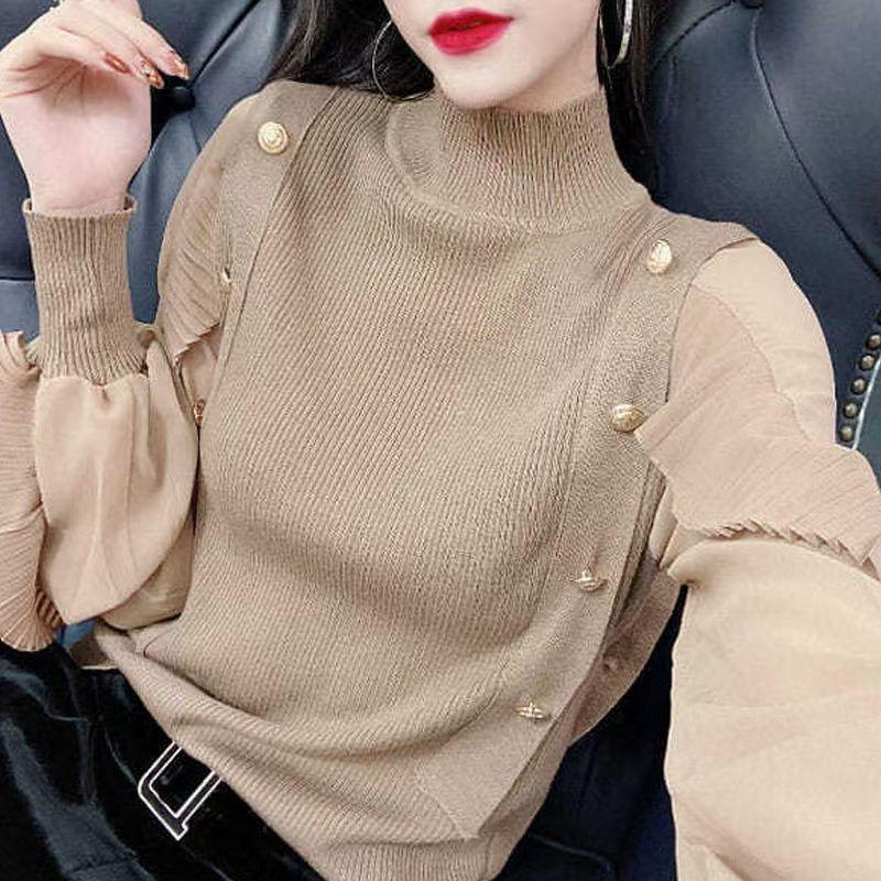

Women s loose Spring and Autumn Long Sleeve Half-high neck sweater Slim Solid Color Top S бежевий