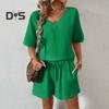 2ks/sada Dámské oblečení pro volný čas Tričko s výstřihem do V, krátkým rukávem, elastický pas se stahovací šňůrkou Široké nohavice, set šortky z jednobarevné vrásčité látky