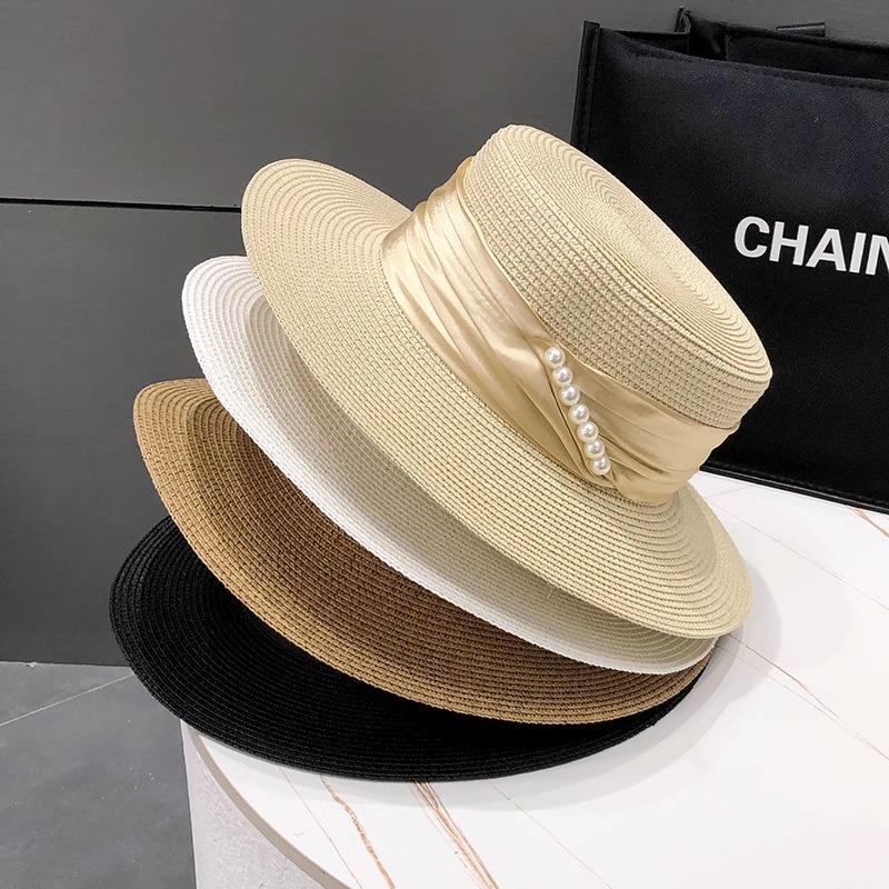 Pearl Top Hat Children Summer Beach Flat Top Straw Hat Seaside Sunshade Sunscreen Hat UV Protection Sun Hat