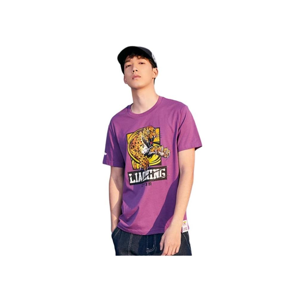 Li Ning Liaoning Flying Leopard Printed Fan Short Sleeve T-Shirt Men Tops Cabbage-Purple AHSQ049-1